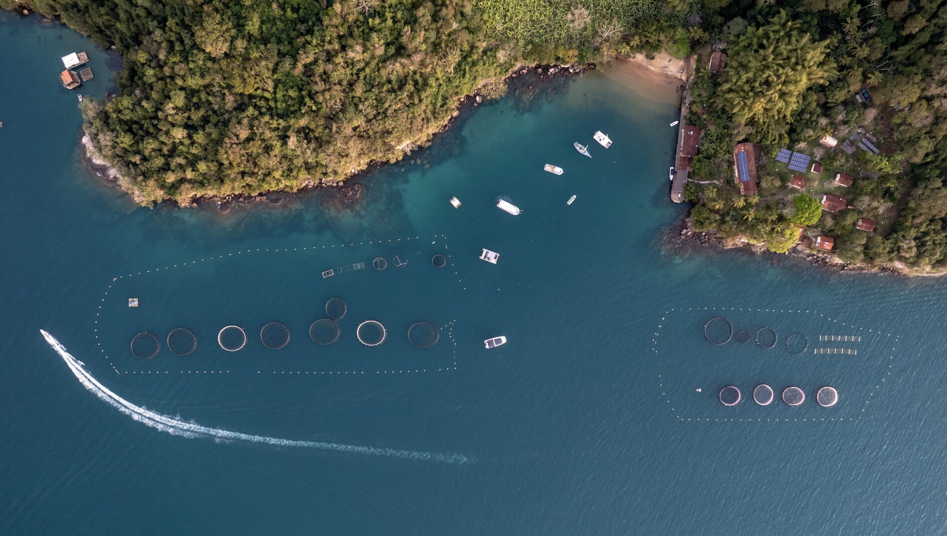 Imagem de vista aérea de barcos em um vasto rio.