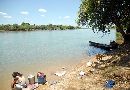 Imagem de uma mulher e um cachorro sentados na margem de um rio.