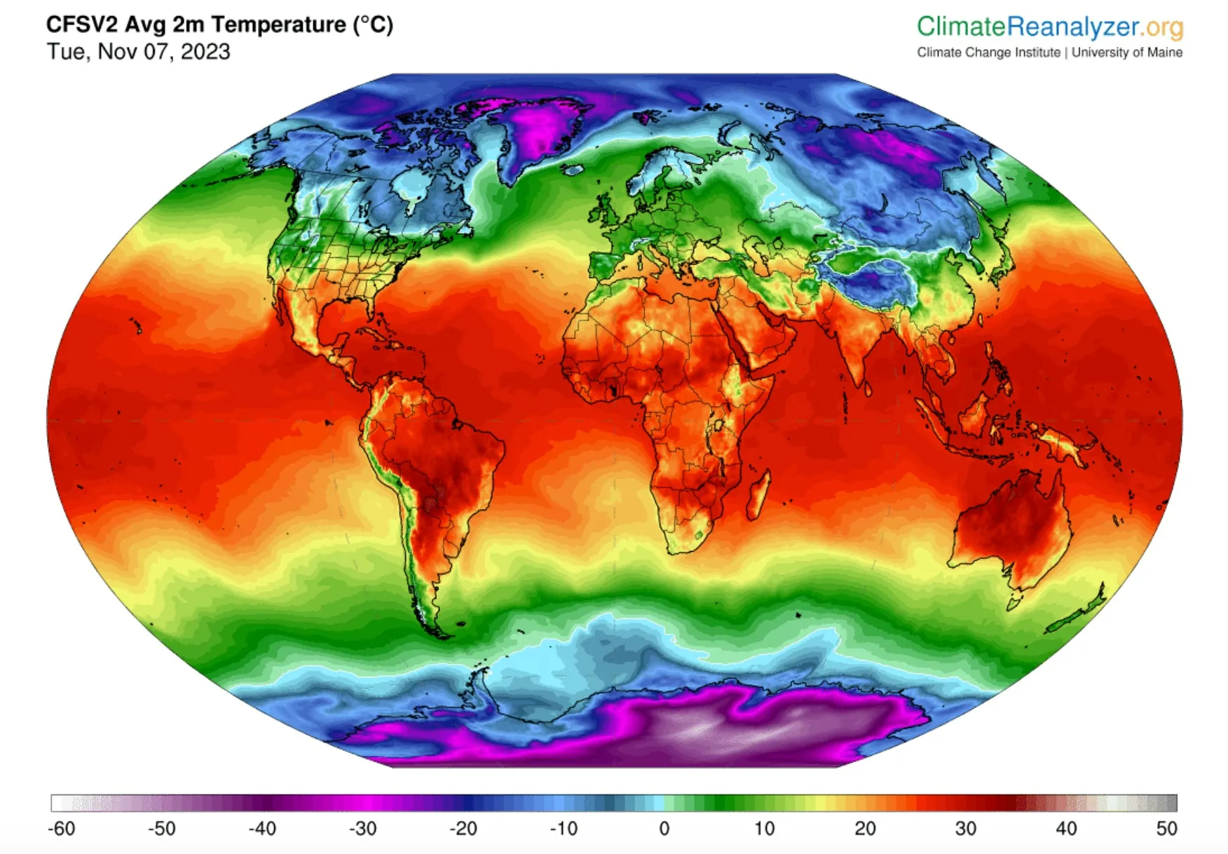 Imagem de um mapa da Terra mostrando a temperatura global.