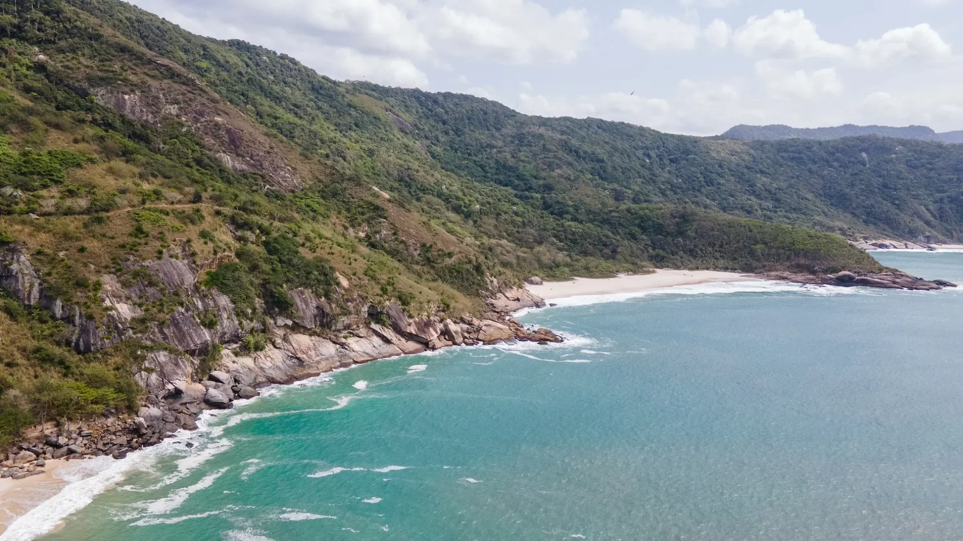 Uma praia com uma colina e árvores