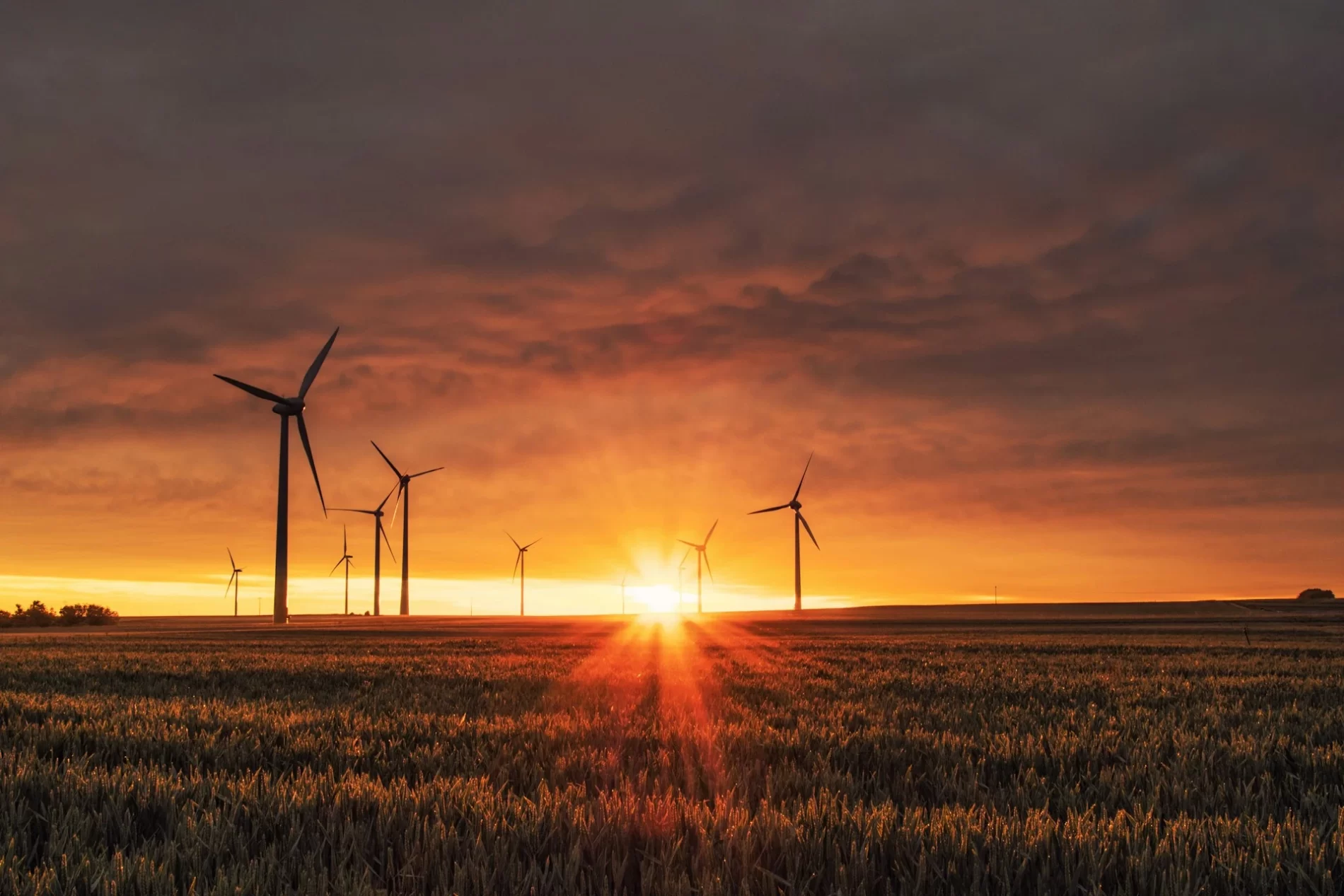 Paisagem de um pôr do sol com turbinas eólicas ao fundo